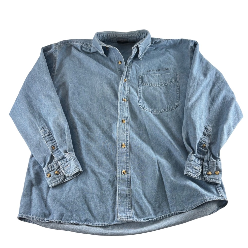 Outrageous Sports Mens Crater Lake Black Bear Graphic Denim Shirt Blue Medium